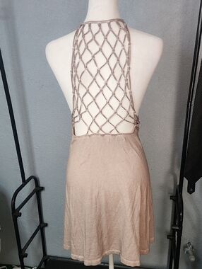 Volcom Taupe Open-Back Macramé Halter Mini Dress